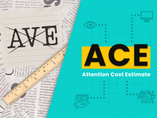 A rectangle that's split diagonally between AVE and ACE. The AVE section features newspaper print and the word AVE is crossed out while the ACE section is green and has an eye icon, a desktop icon, a magnifying glass icon and a cash icon.