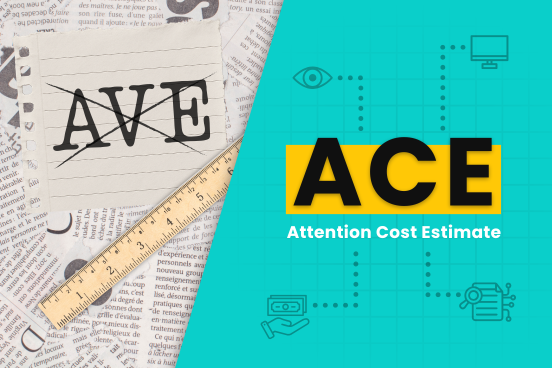 A rectangle that's split diagonally between AVE and ACE. The AVE section features newspaper print and the word AVE is crossed out while the ACE section is green and has an eye icon, a desktop icon, a magnifying glass icon and a cash icon.