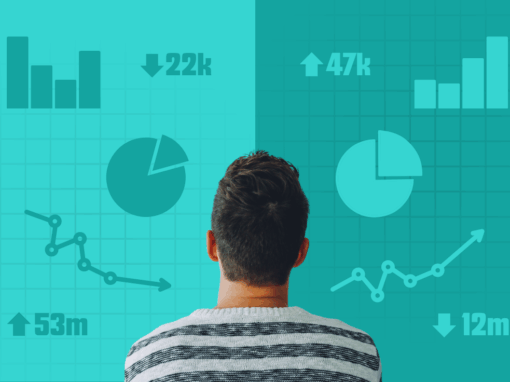 A man with his back turned to the camera looking a screen that's been split in two showing PR metrics and results from the Releasd PR reporting platform.