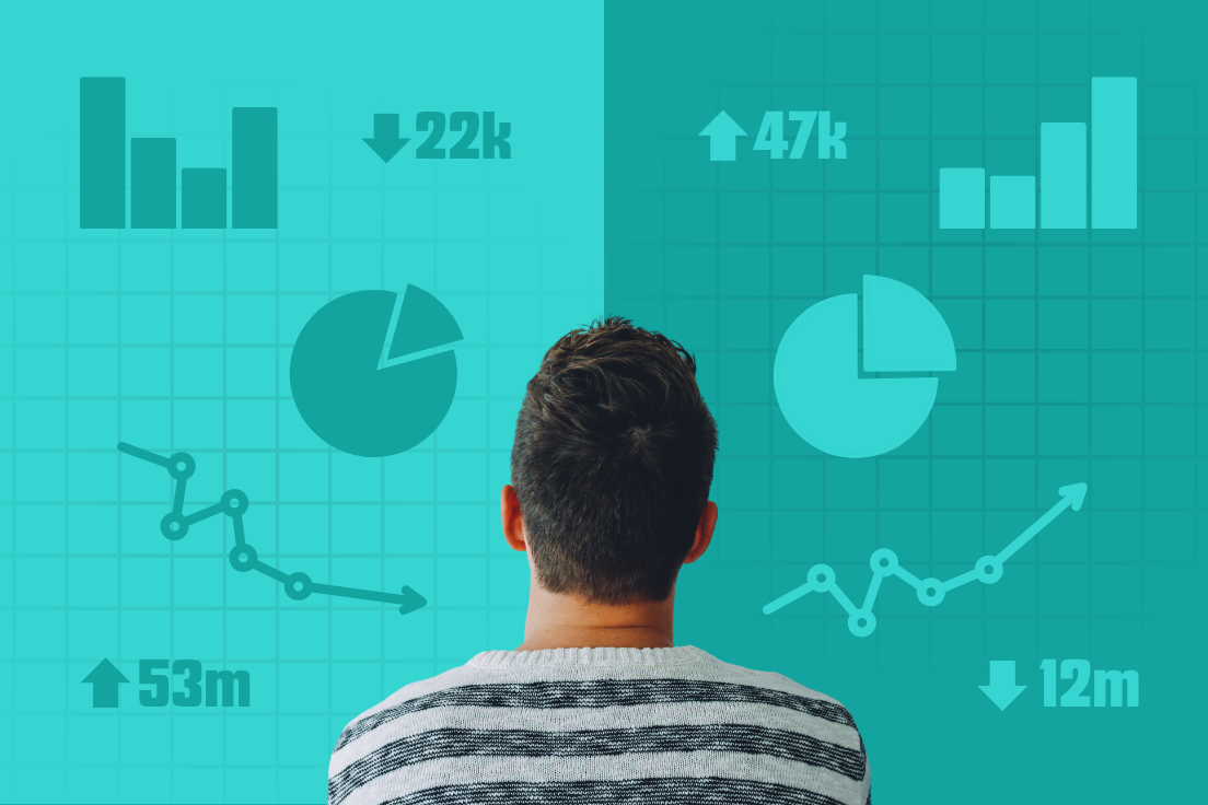 A man with his back turned to the camera looking a screen that's been split in two showing PR metrics and results from the Releasd PR reporting platform.