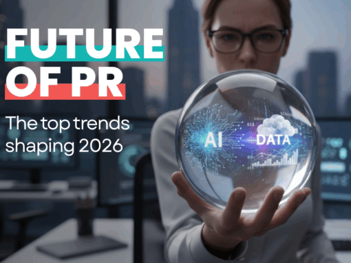 A lady wearing brown rimmed glasses holding a crystal ball in her hand. The words state, the future of PR, top trends shaping 2026