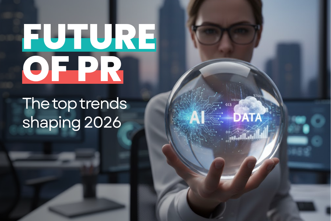 A lady wearing brown rimmed glasses holding a crystal ball in her hand. The words state, the future of PR, top trends shaping 2026